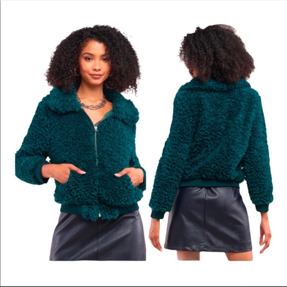Teal Green Soft Faux Fur Teddy Crop Jacket - Picture 1 of 9